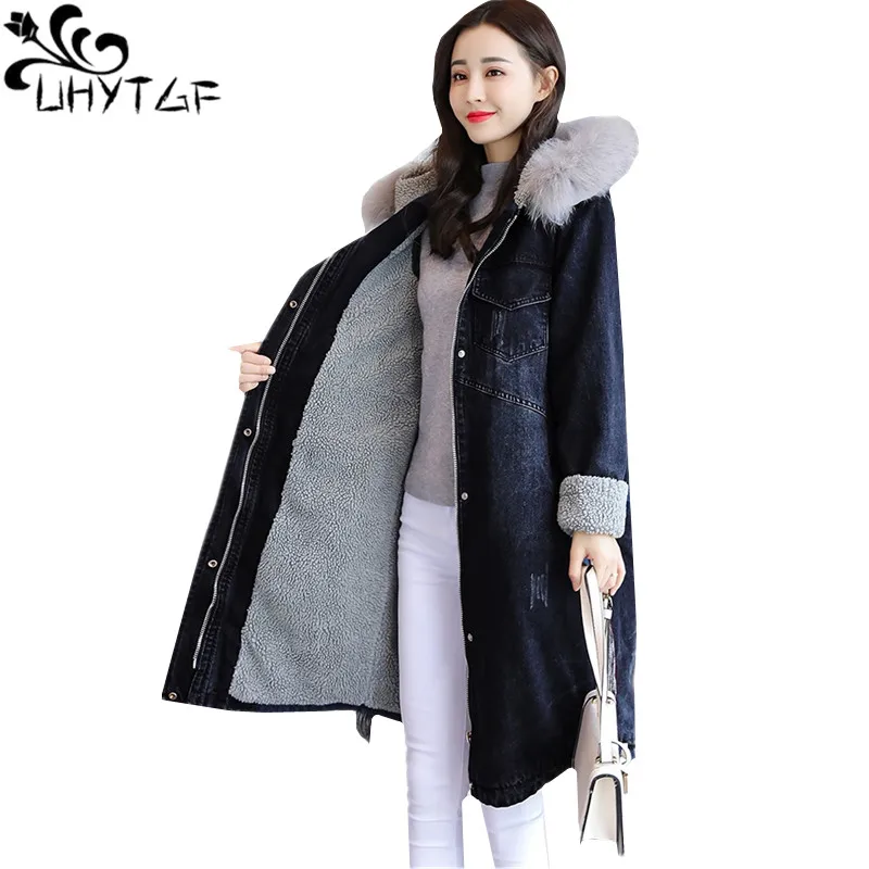 

UHYTGF Fashion Winter Fox hair Hooded Warm Denim Jacket Women Loose Plus velvet Thicken lambswool Jeans Coats Lady Plus size 971