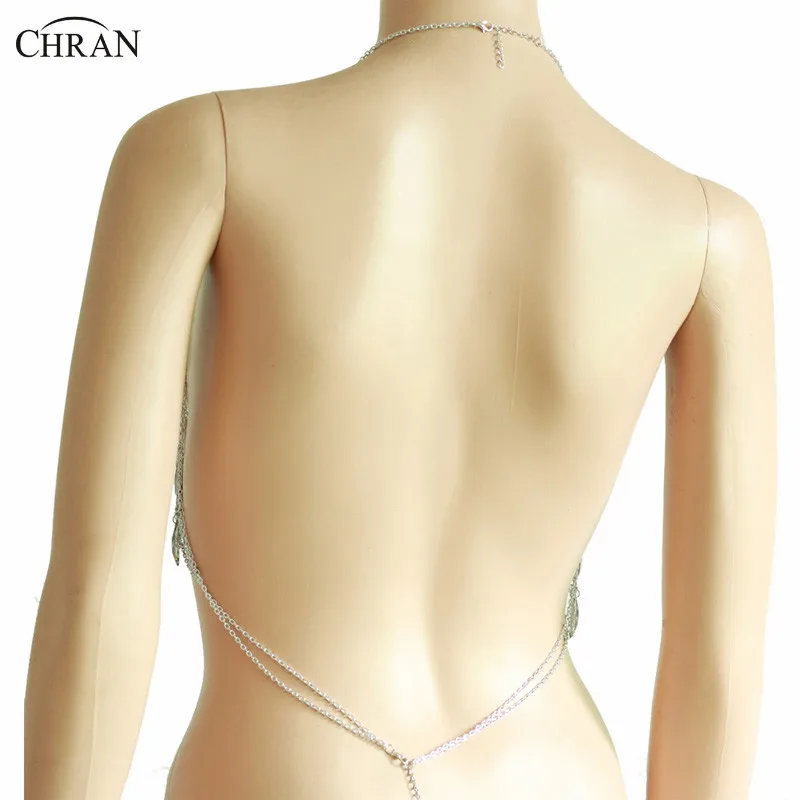 Chran Sexy Mesh Chain Bralette Harness Rainbow Sequin Silver Body Chain Jewelry