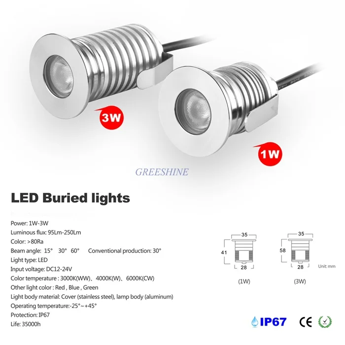 

12V 24V IP67 Waterproof Outdoor Led Recessed Deck Floor Light 1W 3W Spotlight Garden Inground LED Landscaping LED Buried lights