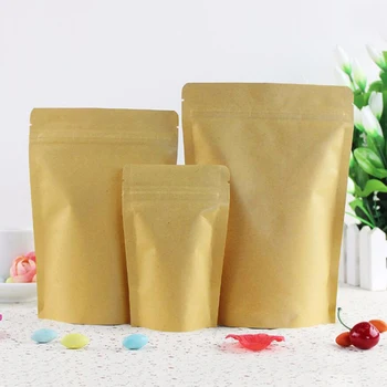 

100 Pcs Wholesale Brown Foil Stand-Up Heat Sealable Resealable Zip Pouch, Kraft Paper Food Storage Packaging Bag with Tear Notch