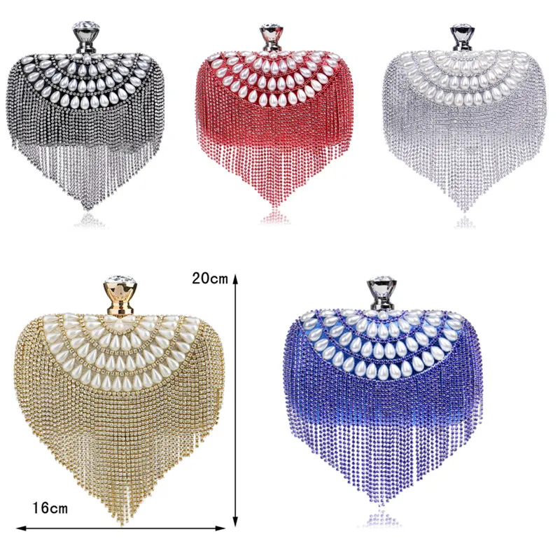 GLOIG Tassel Rhinestones Clutch Beading Lady Evening Bags Diamonds Small Purse Chain Shoulder Handbags Wedding Party Evening Bag