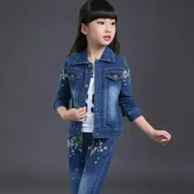 Children Girls Clothes Sets Spring Autumn Kids Long Sleeves Denim Coat +Pants Suits Print Flower Clothing Set for 10 12 14 years цена Children Girls Clothes Sets Spring Autumn Kids Long Sleeves Denim Coat +Pants Suits Print Flower Clothing Set for 10 12 14 years цены онлайн