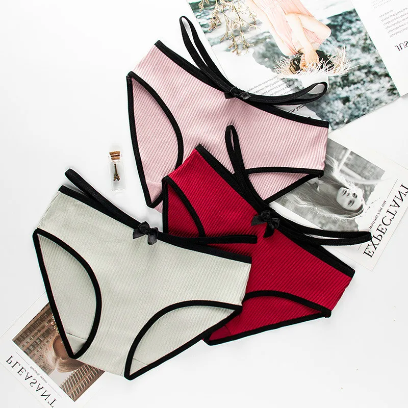 

Roseheart Women Fashion Pink Red Cotton Lace Trim Low Waist Cotton Panties Underwear Lingerie Briefs 3 Piece 3 Color Underpants