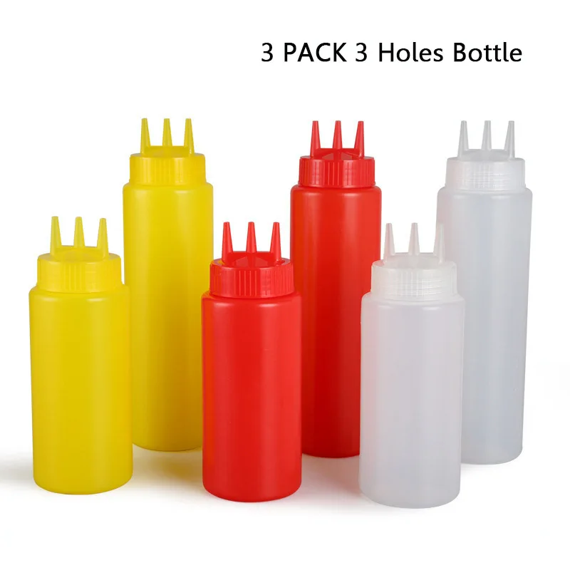 

3 Holes Plastic Squeeze Condiment Bottle with Tip Cap for Ketchup, BBQ, Sauces, Syrup, Condiments, Dressings (3 Pack)