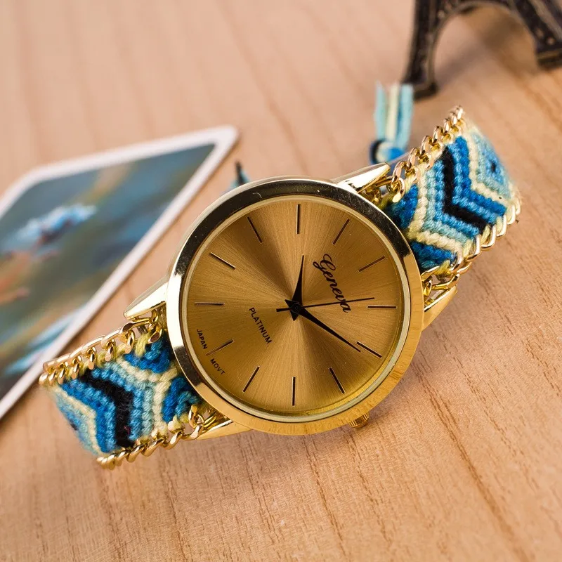 Новый ручной плетеный браслет дружбы часы женские Женева ручной Нитки дамы кварцевые часы Montre Femme Relojes Mujer