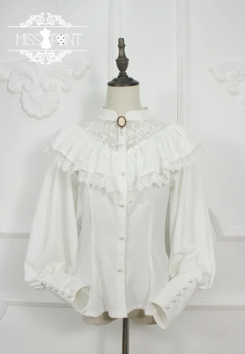 Женская готическая блузка в ретро стиле на заказ, винтажная блуза с длинными рукавами-фонариками и оборками Miss Point - Цвет: Белый