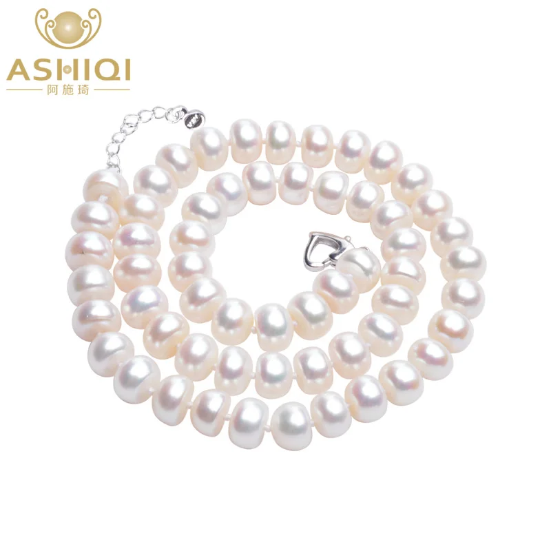 

ASHIQI Real white Natural Freshwater Pearl Necklace Authentic semiround pearl jewelry for women gift