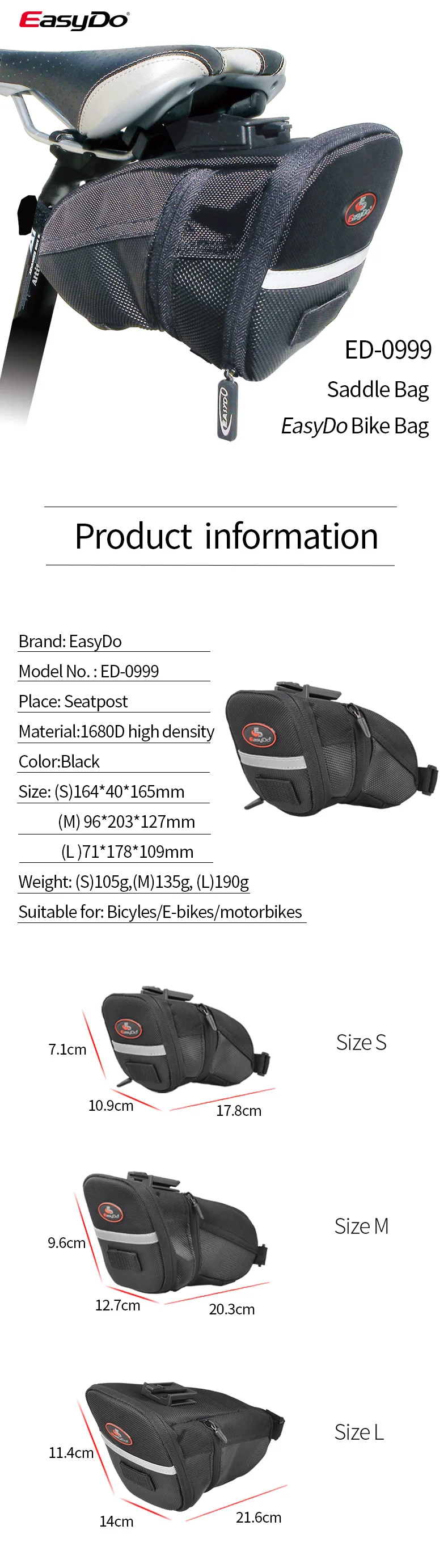 EasyDo седельная сумка, велосипедная задняя Сумка, непромокаемая, на липучке, Светоотражающая полоса, расширяемая сумка для хранения, Аксессуары для велосипеда