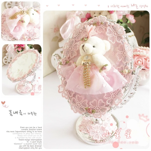

Pink bear desktop makeup mirror princess lace bow decoration pvc zinc mirror