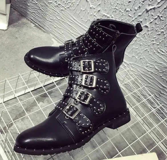 

New Faux Leather Booties Buckle with Thick and Black Ankle Women's Boots Rivet Decorative Boots Motorcycle 35-43
