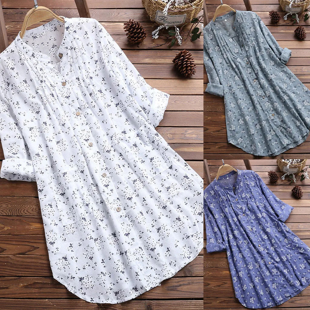 

Blouse 2019 Top Womens V-Neck Pleated Floral Print Long Sleeve Casual Tops Blouse