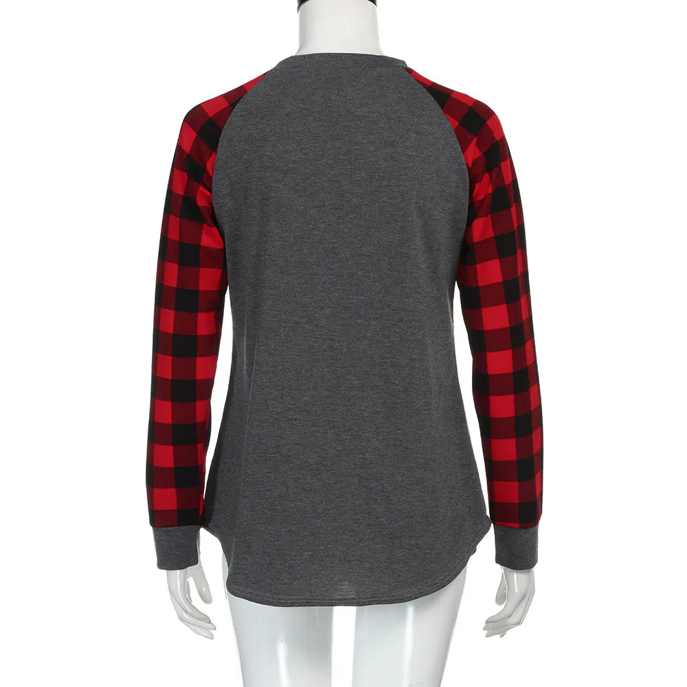 Mujeres o-cuello rojo y negro Plaid Patchwork manga Gary blusa manga larga sudadera Pullover Tops blusa camisa Ropa Mujer SY9 Mujeres o-cuello rojo y negro Plaid Patchwork manga Gary blusa manga larga sudadera Pullover Tops blusa camisa Ropa Mujer SY9