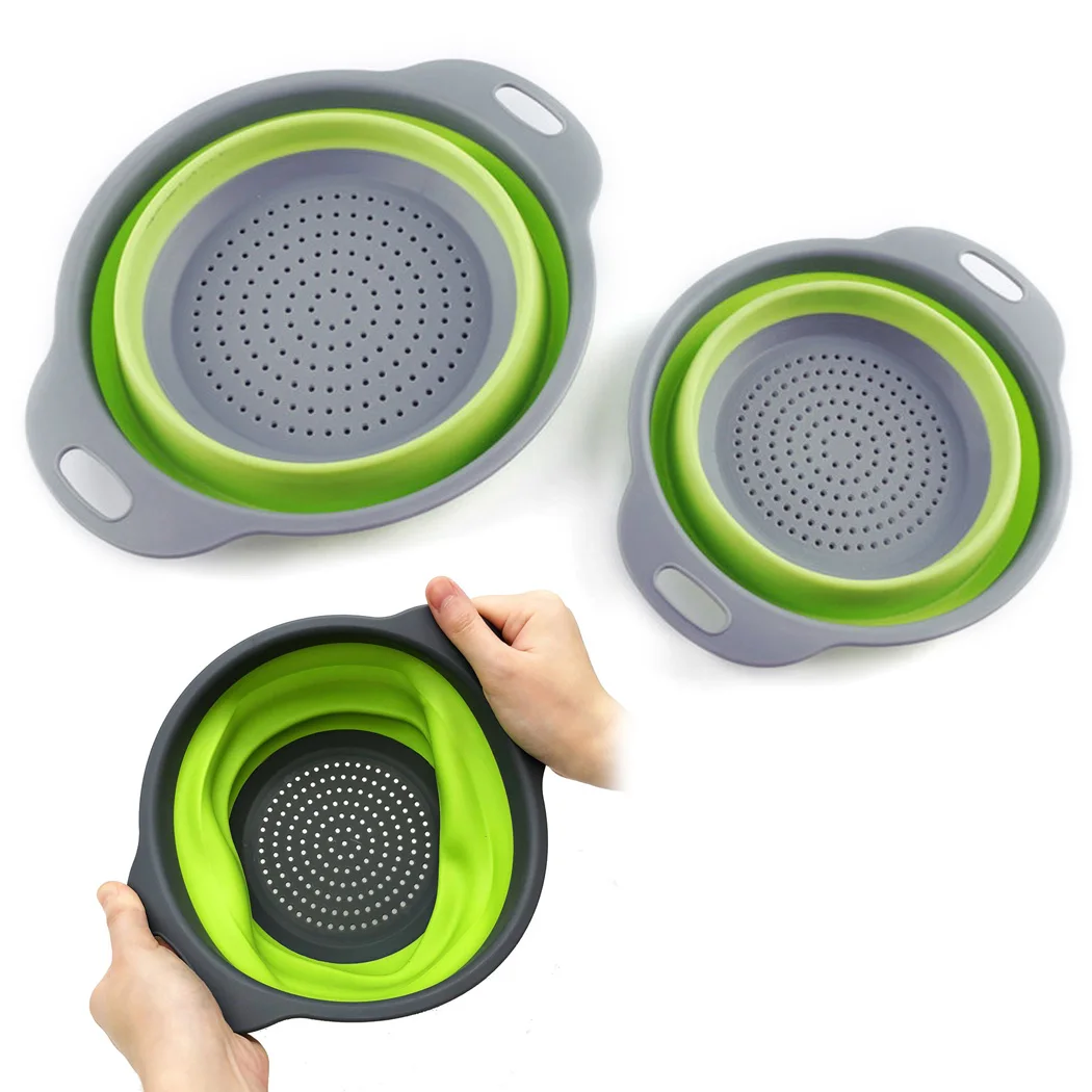 2pcs/set Collapsible Drainer With Handle Kitchen Tool Foldable Silicone