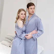 Любители пижамы атлас Ночной костюм из вискозы Повседневное парный халат кимоно платье с длинными рукавами интимное нижнее белье Ночная рубашка