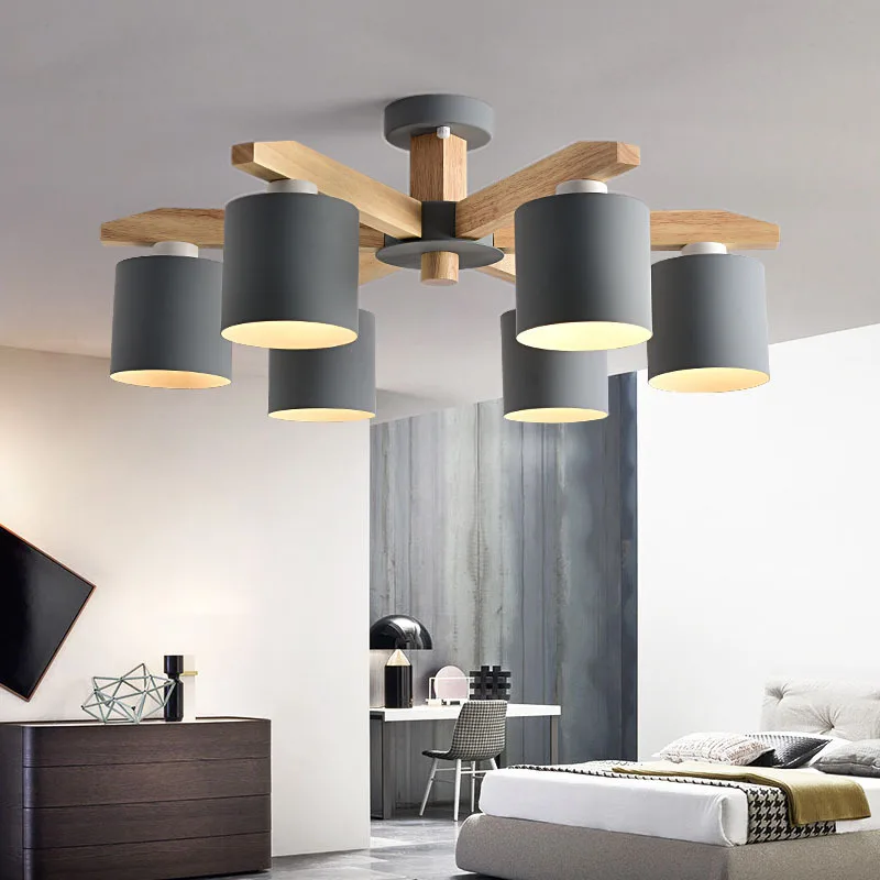 Modern Nordic solid wood LED ceiling Chandelier E27 With Iron Lampshade creative Lighting Fixtures Lamparas Colgantes Wooden|chandelier e27|ceiling