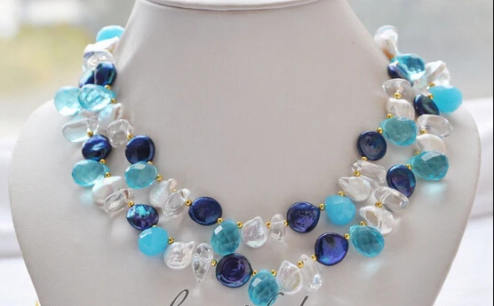 

FREE SHIPPING>>>@@ > N1742 BEAUTIFUL 32" 13mm white blue coin freshwater pearl Crystal necklace