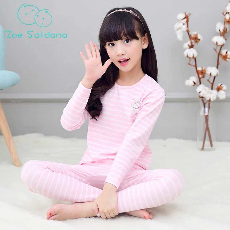 

Zoe Saldana Girl's Pajamas Sets 2018 New Arrival Cotton Striped Warm Thermal Sleepwear Set Children Home Comfortable Clothes