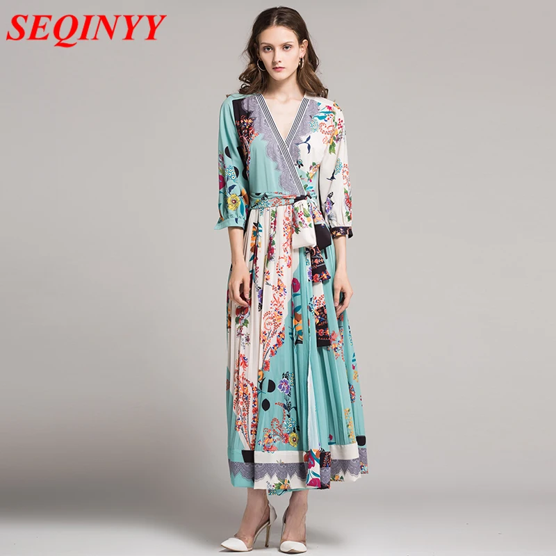 

2017 Autumn Vintage Dressing Gown Style Kimono Dress Women V Neck Pleated Draped Jungle Flowers Printed Swing Maxi Long Dresses