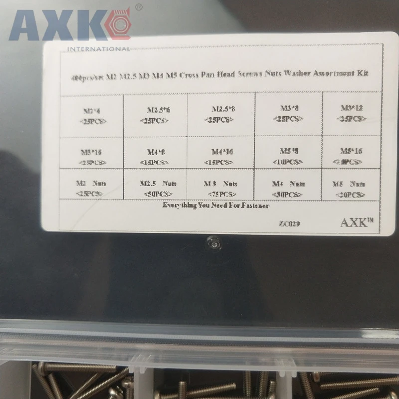 

AXK 400pcs/set M2 M2.5 M3 M4 M5 Cross Pan Head Screws Nuts Washer Assortment Kit Fasteners Hardware with Box ZC029