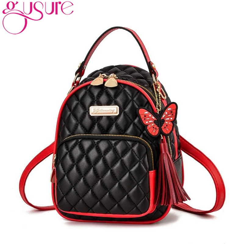

Gusure Plaid Backpacks Multi-use Student Daypack Butterfly Tassel Pendant Hanging Shoulder Bag For Women PU Leather Hand Bags