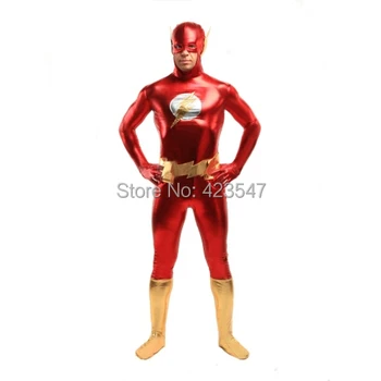 

Red Gold The Flash Super Hero Costume fullbody high elasticity The Flash metallic costume