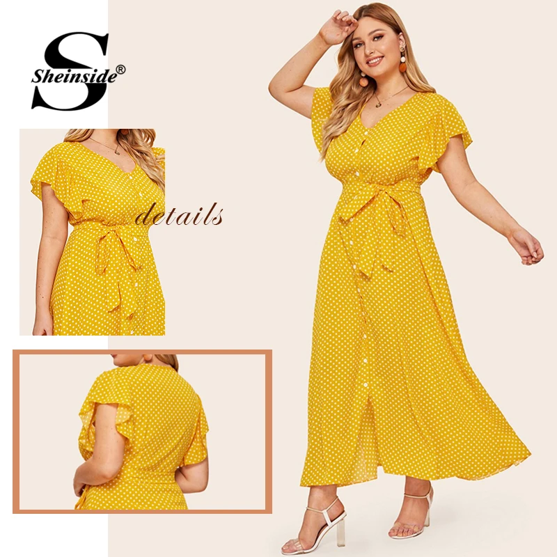 Sheinside Plus Size V Neck Polka Dot Dress Women Summer Flounce Sleeve Shirt Dresses Ladies Button Up Detail Maxi Dress