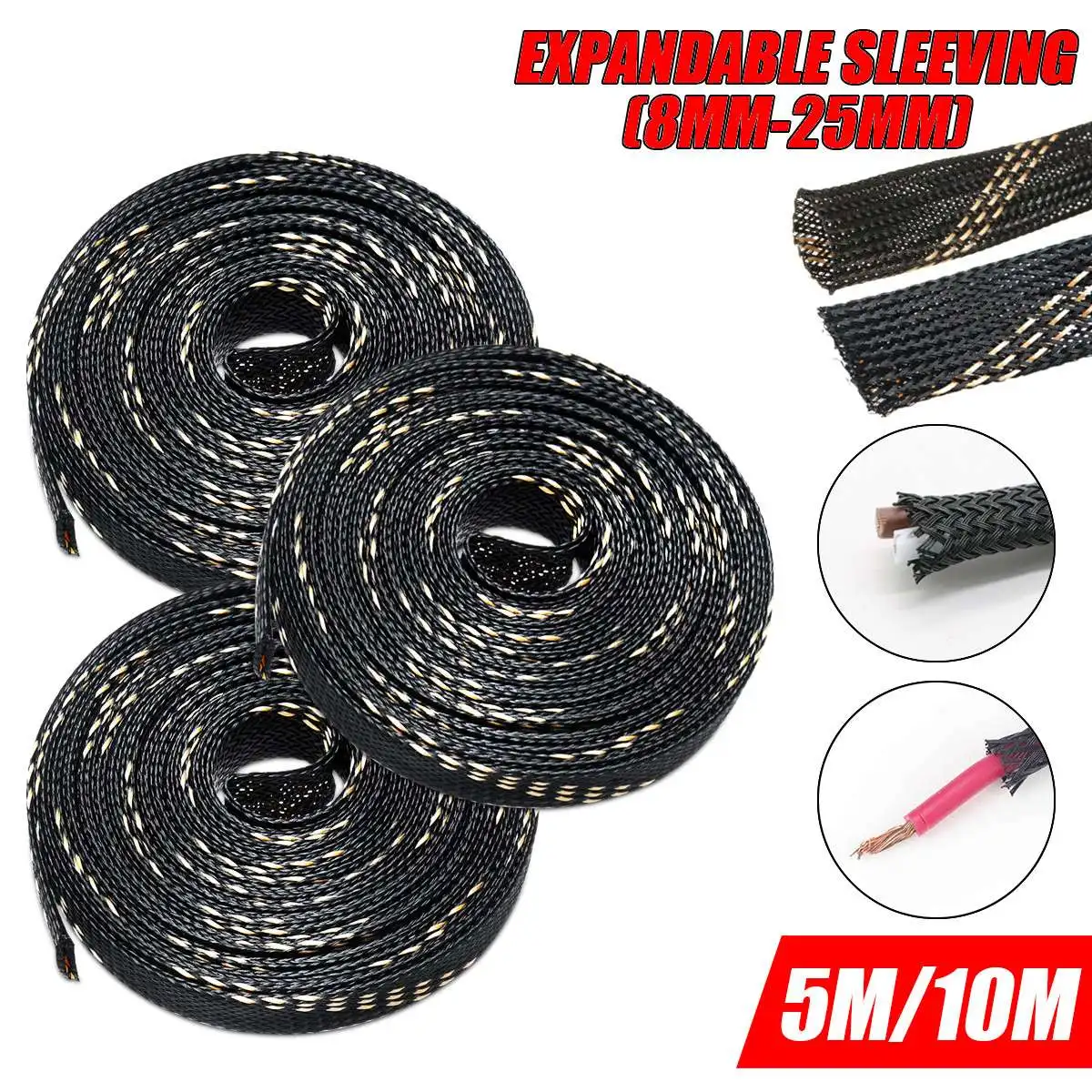 

1PC 5M/10M Black Braided Cable Sleeving PET Nylon Wrapping Cable Casing Cable Sleeves Wire 8mm/10mm/12mm/15mm/20mm/25mm