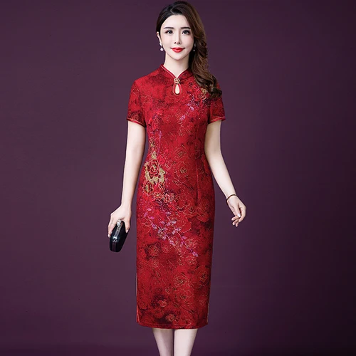 

2019 Spring Summer Fashion Cheongsam Women Dress New Noble Wedding Banquet Middle Aged Mother Elegant Temperament Female Dresses