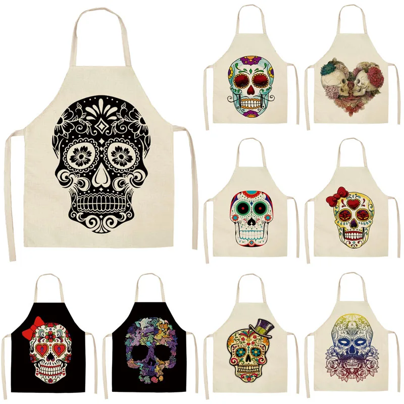 

1Pcs Skull Pattern Kitchen Apron for Cooking Sleeveless Cotton Linen Aprons Adult Bibs Home Cleaning Accessories 53*65cm MC0026