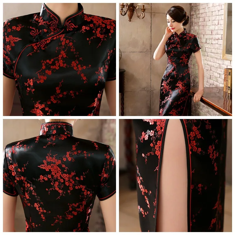 Черный, красный китайское традиционное платье Для женщин Cheongsam Qipao летние шорты рукавом длинное платье цветок размеры S M L XL XXL 3XL 020204