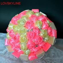 Лидер продаж розовый и желтый брошь букет Свадебный букет из полиэстера Свадебный букет s жемчужные цветы buque de noiva