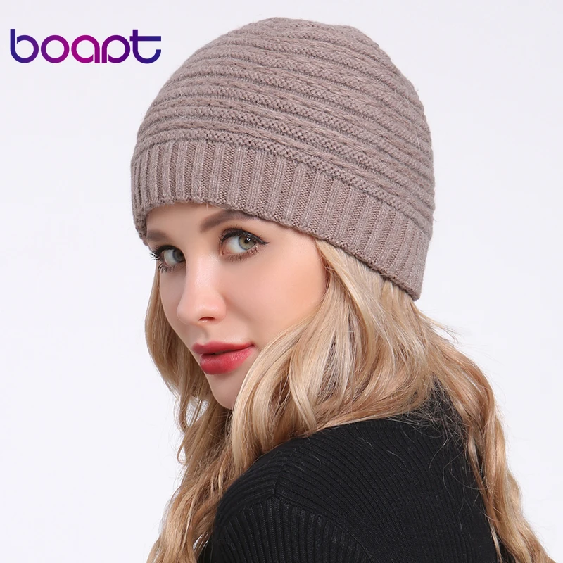 

[boapt] Angora Rabbit Soft Double layer Knitted Thick Bonnet Girls Winter Hats For Women's Caps Lady Skullies Beanies Female Hat