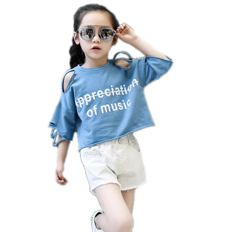 

kids clothes girls new girls summer short sleeve sets top solid letter printed hole t shirt+denim shorts 2pcs children clothing
