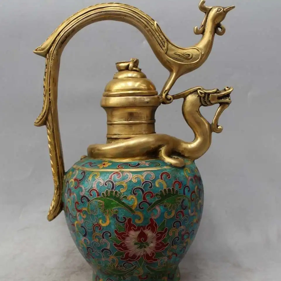 

11" Marked Chinese China Cloisonne Bronze Dragon phoenix Wine Tea Pot Flagon