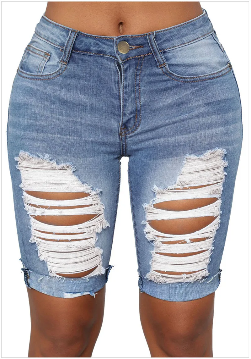 Летние сексуальные рваные джинсовые шорты-бермуды с высокой талией для женщин, элегантные женские синие джинсовые шорты средней длины с потертостями размера плюс