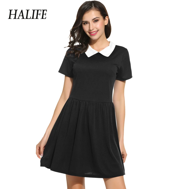 black mini dress with white collar