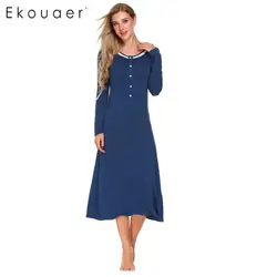 Ekouaer бренд Повседневное ночная рубашка Для женщин с длинными рукавами и круглым вырезом ночное Осень кнопку твердых кружева пуловер для