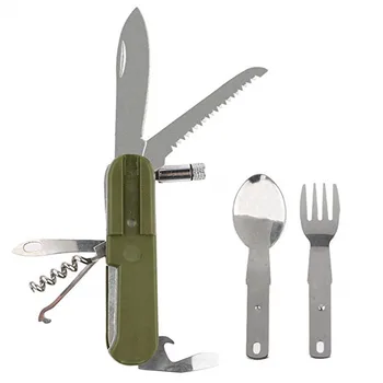 9in1 Folding Tableware With Led Light Outdoor Camping Fork/Spoon/Knife Stainless Steel Dinnerware Multifunction Cutlery Cycling 5