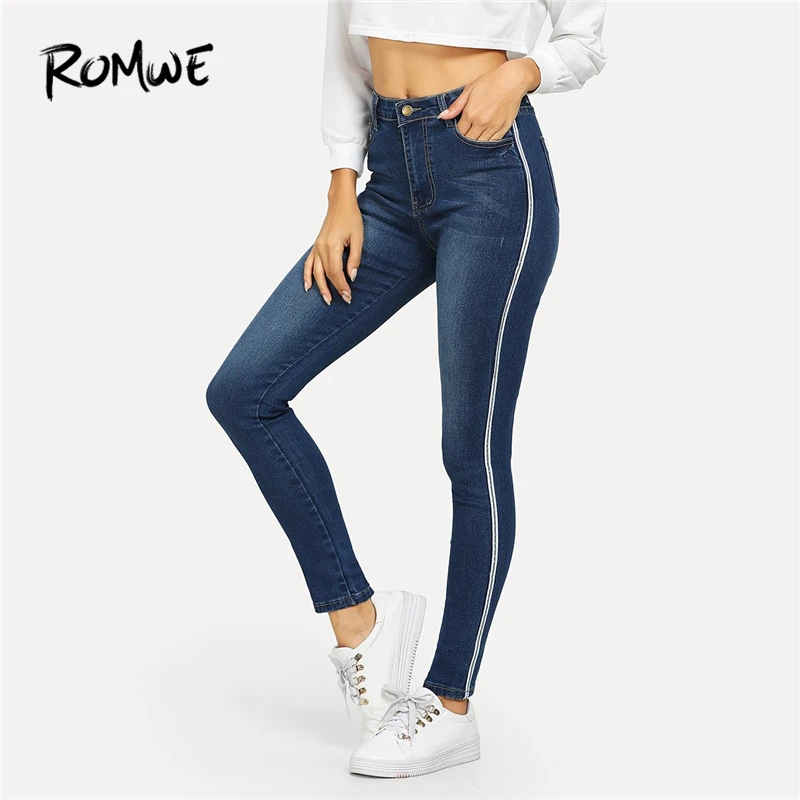 

ROMWE Blue Ribbon Side Faded Wash Jeans Woman Casual Skinny Pants Womens Clothing 2019 Autumn Spring Female Zipper Fly Trousers