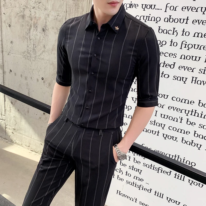 

Mens 2 Pcs Set 2019 Summer Set Mens Striped Business Mens Clothing Social Club Black Erkek Giyim Slim Fit British Ropa De Hombre