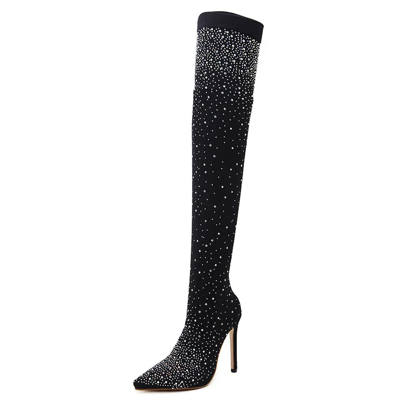 2019 Fashion Runway Crystal Stretch Fabric Sock Boots Sexy Pointy Toe Over-the-Knee Heel Thigh High Pointed Toe Woman Boot Heels (8)