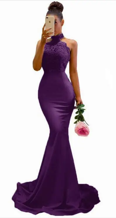 Сексуальные Платья для подружек невесты с аппликацией на шее, кружевное длинное вечернее платье для свадьбы на тонких бретелях, платье для выпускного вечера с открытой спиной - Цвет: grape