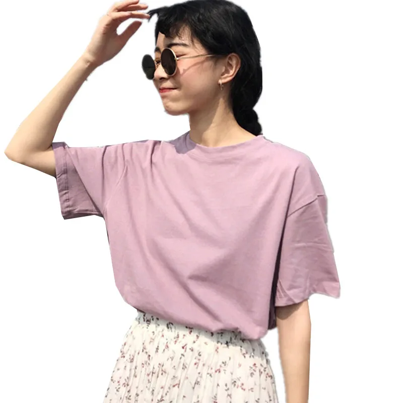

Women Cotton T-Shirts New Fashion Pure Color Summer T Shirt All Match O-Neck Short Sleeve Casual Free Size T-Shirts Base YZH007