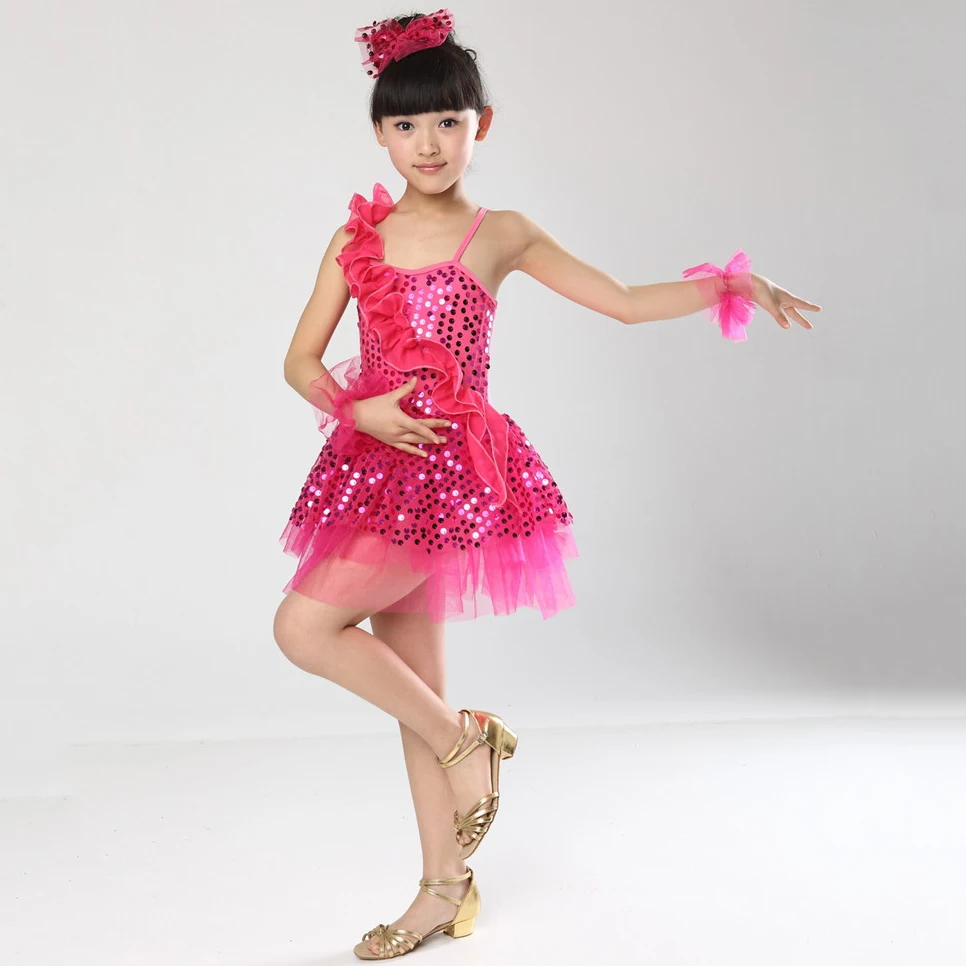 

Girls Summer Latin Outfit for 2 To 8 9 10 12 14 Years Children Sequin Applique Girl Dance Party Favors One Shoulder Kids Dress