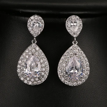

High Quality Sparkling Dangle Drop Earrings Water Drop Beautiful Wedding Bride Ear Jewelrys For Women Engagement Gifts E-062