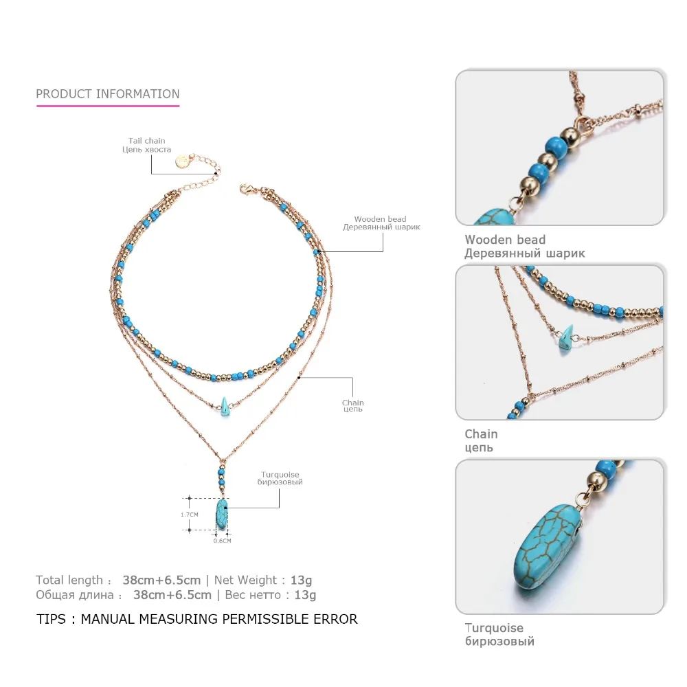 Necklace For Women Popular Wood & Blue Stone Beads Chain Layering Necklace Fashion Jewelry 2018 For Girl NL15850