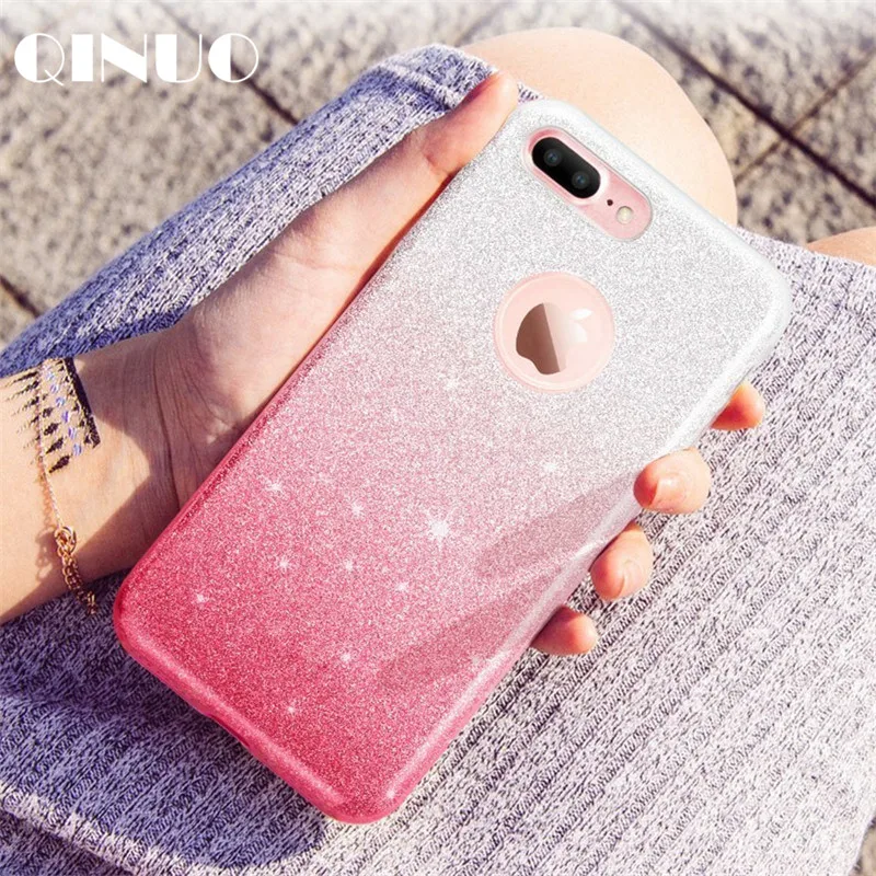 

QINUO 3 in1 Glitter Powder Case For iPhone X 7 8 Plus Cute Shinning Soft Silicone Case For iPhone6 6s 7 Plus 5 5S SE Capas Funda