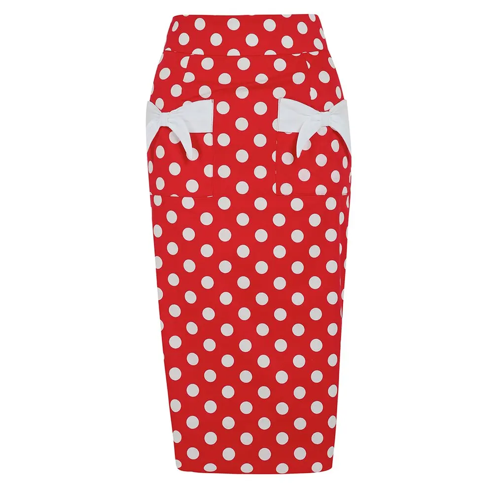 

30- women vintage 50s inspired polka dot print bow pockets wiggle midi pencil skirt plus size pinup faldas jupe longue skirts