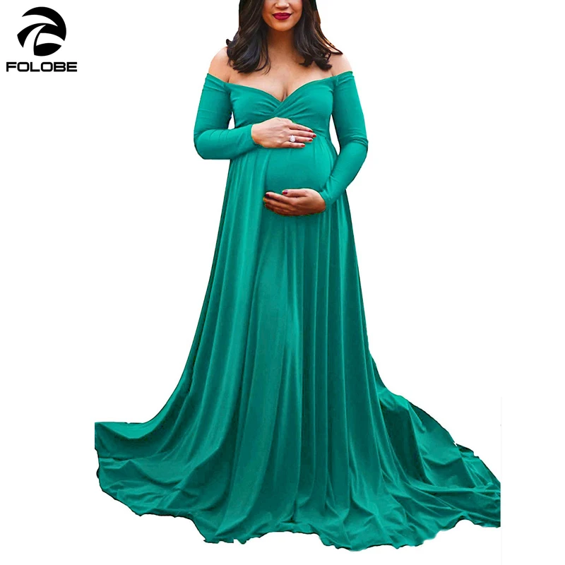 

FOLOBE Maternity Dress Photography Prop V-neck Long Sleeve Wedding Party Gown Pregnant Dresses For Photo Shoot Cloth Plus