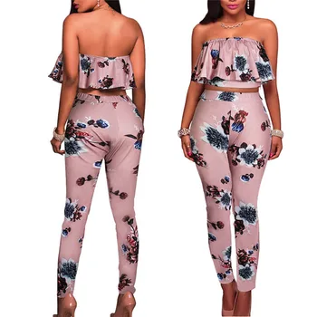 

2019 Newly Women Sets Floral Printed Casual 2 pieces Sleeveless Strapless Top + Bodycon High Waist Long Pants DO99
